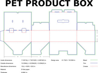 A detailed vector layout diagram for pet product packaging including dimensions and manufacturing specifications.