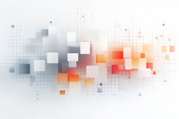 Obraz premium Abstract image featuring overlapping squares in gray, white, orange, and red, against a background of grids, lines, and small circles.