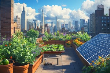 Fototapeta premium Urban rooftop garden with solar panels and city view.