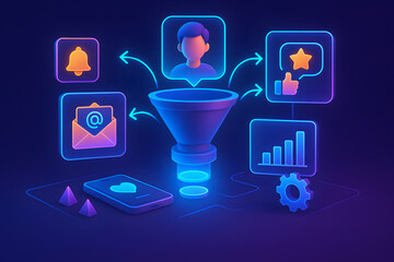 A vibrant digital illustration showcasing a user-centric funnel system