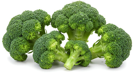 Several broccoli florets grouped together, with a few water droplets on their green crowns, isolated on a white background