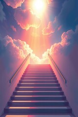 Stairway to heaven evokes a sense of hope with light emanating through pink clouds above.