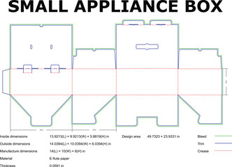 Detailed vector illustration of a small appliance box die cut template with dimensions for packaging design and manufacturing.