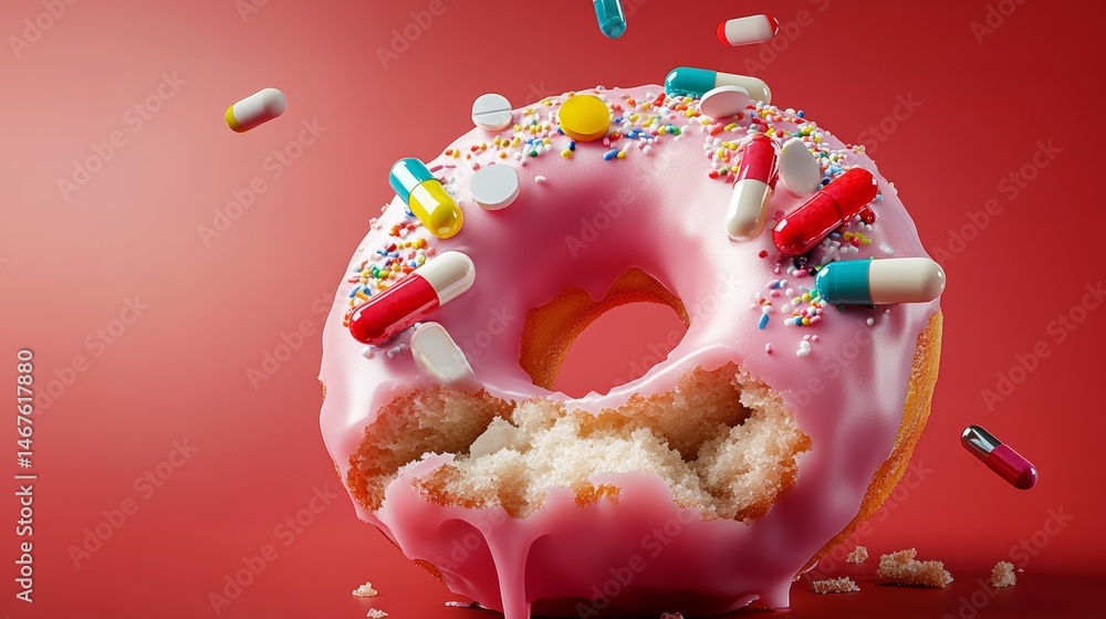 Aufkleber pink donut with a hole in the middle and a bunch of pills scattered around it. the pills are in diff