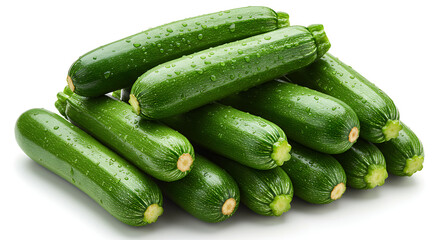 Pile of fresh zucchini with smooth skin, light condensation on surface, white background, professional studio light