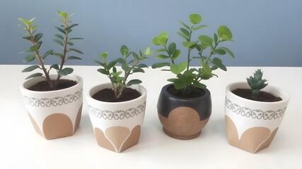 Fototapeta premium Four potted plants in decorative pots on a white table Stylish home decor with greenery