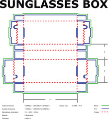 Detailed technical drawing of a sunglasses box showcasing dimensions bleed trim and crease lines for design and manufacturing purposes.