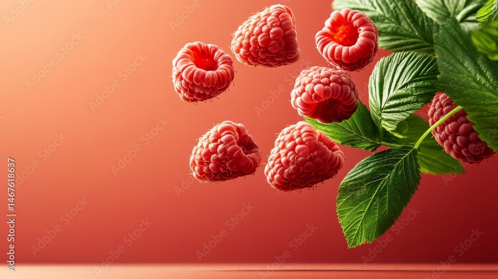 Aufkleber close up of a bunch of raspberries with a leaf in the background. the raspberries are in different p