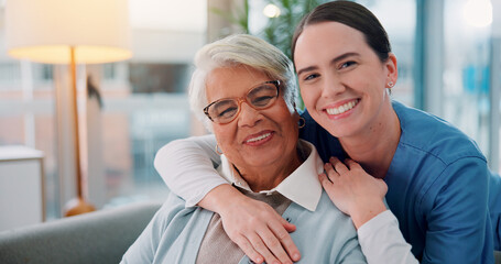 Fototapeta premium Senior, woman and nurse with portrait on sofa for healthcare support, medical service and bonding in retirement home. Elderly person, caregiver and happy for homecare assistance, kindness and embrace