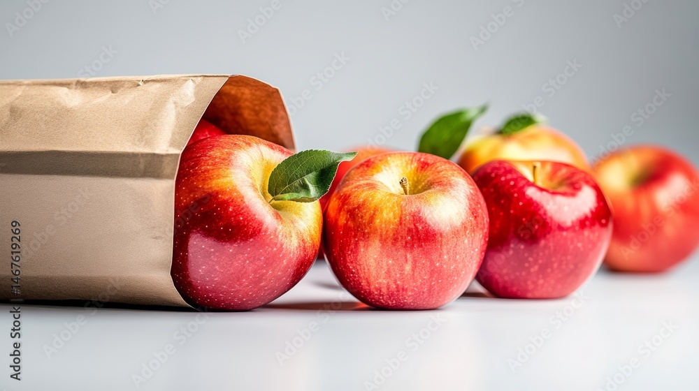 Poster bag of apples with a leaf on top. the apples are red and shiny. the bag is brown and has a white han