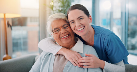 Elderly, woman and nurse with portrait on sofa for healthcare support, compassion and bonding in retirement home. Senior person, caregiver and happy for homecare assistance, medical help and embrace