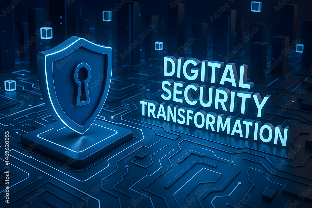 Poster a visually striking representation of digital security transformation, featuring a glowing shield sy