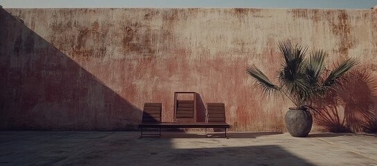 Sun-drenched Courtyard with Rustic Bench and Palm Tree