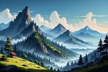 mountains with a red bench in the foreground and a blue sky