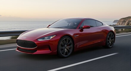 Red car speeding on the road automotive exterior design travel transportation theme