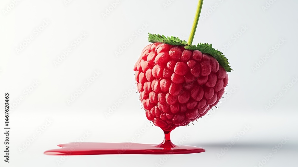 Poster red raspberry is shown with a stem and a drop of red juice. the juice is dripping down the side of t
