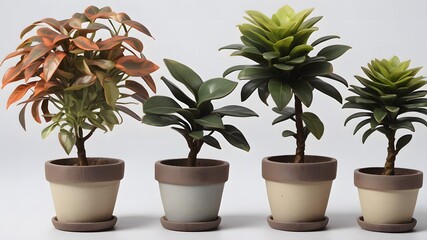 Fototapeta premium Four potted plants in terracotta pots display vibrant foliage and textures ideal for home decor