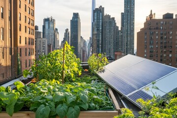 Fototapeta premium Urban rooftop garden with solar panels overlooking a cityscape.
