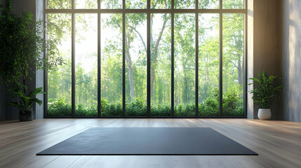 Bright Yoga Studio Interior with Large Window and Green View