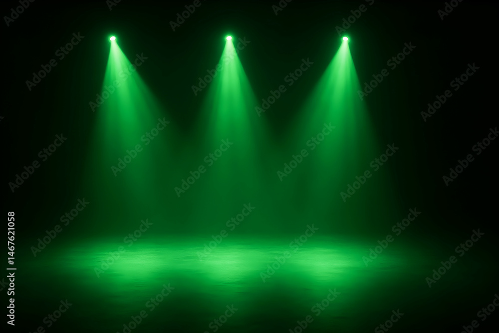Poster abstract green lighting with three beams illuminating a dark space. perfect for backgrounds, present