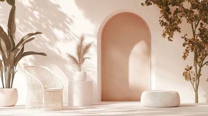 Elegant interior scene with soft light, organic shapes, and neutral tones