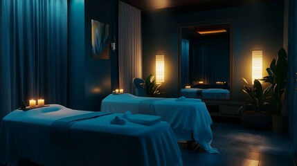 Serene Spa Retreat: Tranquil Massage Room with Calming Candlelight Ambiance