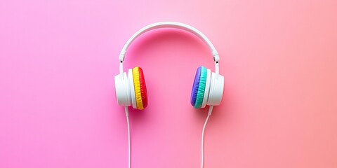 White retro headphones with rainbow-colored ear cushions on a pink and peach gradient background