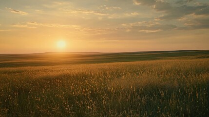 Golden Sunset Illuminating Rolling Hills and Lush Grassland Landscape