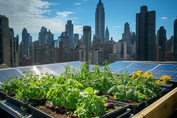 Fototapeta premium Urban rooftop garden with solar panels and city skyline.