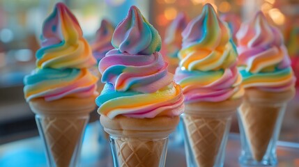 Whimsical multicolored ice cream cones, a vibrant dessert display, delight