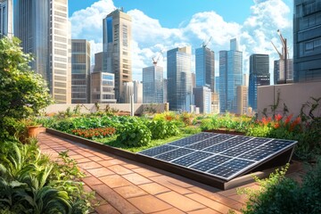 Fototapeta premium Urban rooftop garden with solar panels and city views.