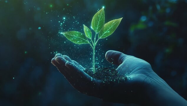 Abstract hand holding a growing plant, a digital technology and big data concept with glowing particles on a dark blue background