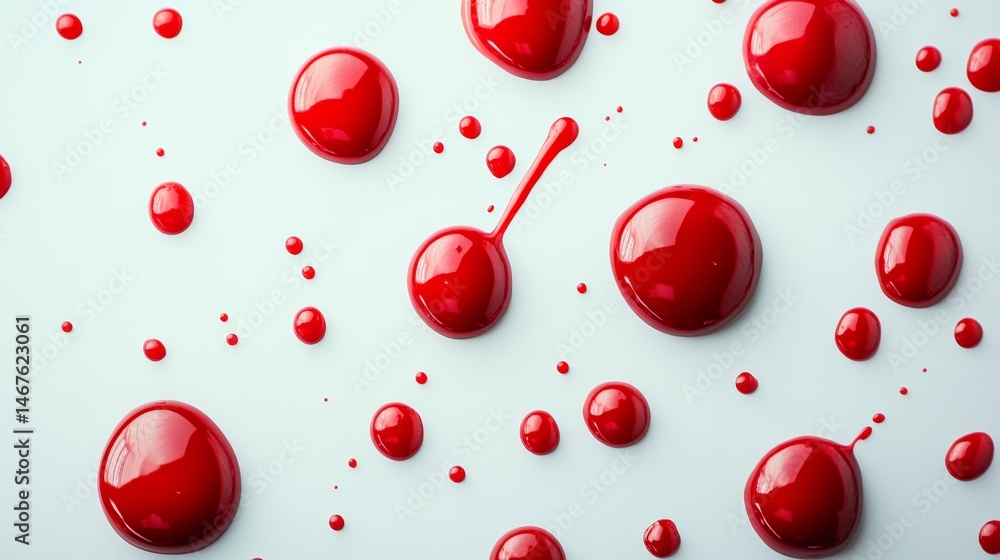 Poster close up of red paint splatters on a white background. the splatters are in various sizes and shapes