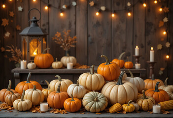 Autumn Holiday Decor with Pumpkins, Corn, and Candles