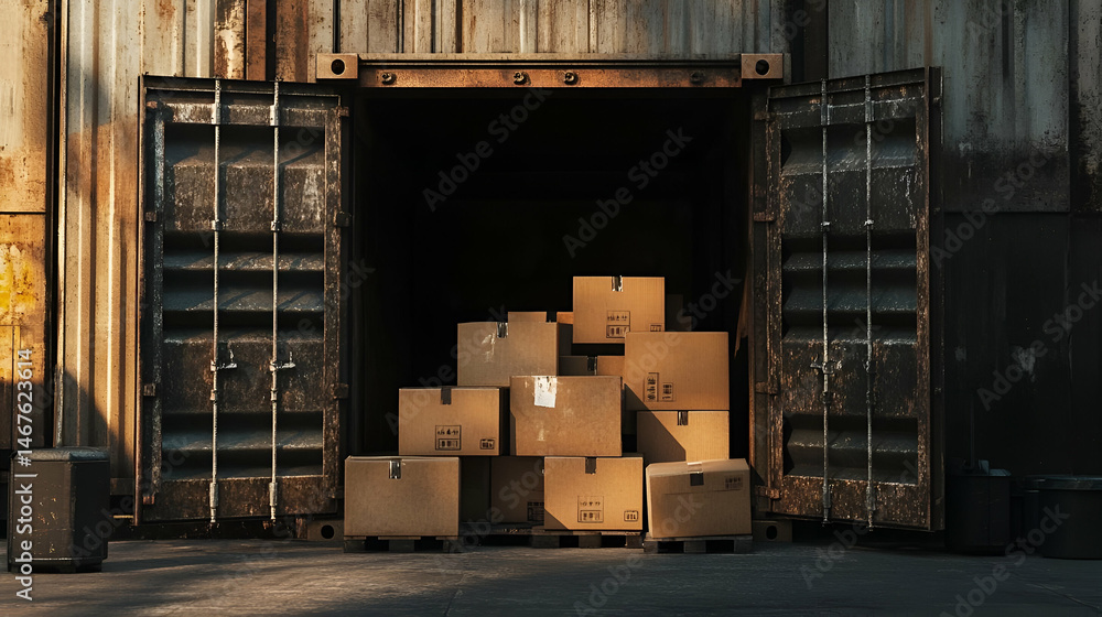 Poster cardboard boxes stacked inside a rusty shipping container