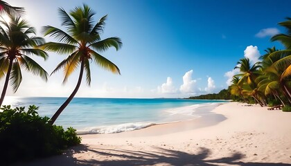 Obraz premium Tropical Paradise Idyllic Beach Scene with Lush Palm Trees