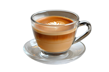 Latte in glass cup and saucer