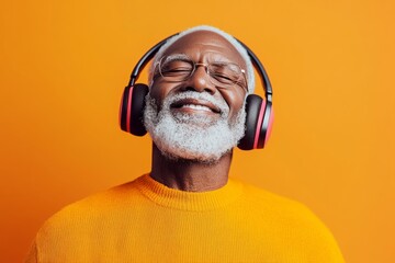 Man wearing headphones and a yellow sweater is smiling. Concept of relaxation and enjoyment as the man listens to music