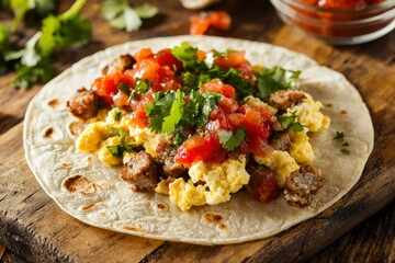 Breakfast burrito with eggs and meat