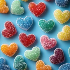Obraz premium Colorful heart-shaped candies arranged on a light blue surface