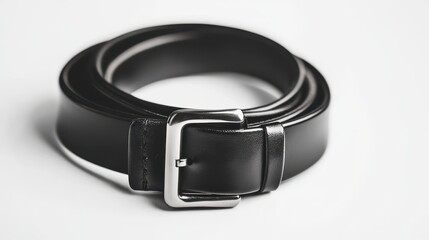 A 4K photo of classic black leather belt with metal buckle on a white background, emphasizing style and minimalism.