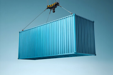 Conceptual visualization displaying a hoisted blue shipping container against gradient sky