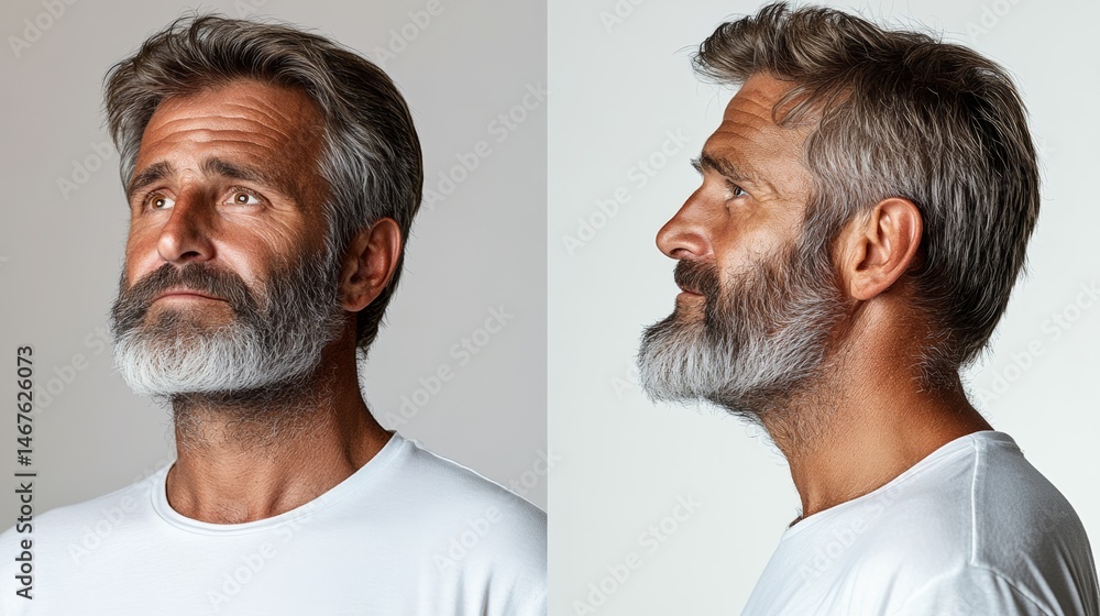 Poster the man in the image has a beard and is wearing a white shirt. he is looking up at the camera with a