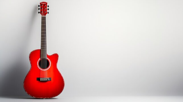 Red guitar is on a white background. The guitar is the main focus of the image. The red color of the guitar stands out against the white background, creating a bold and eye-catching composition