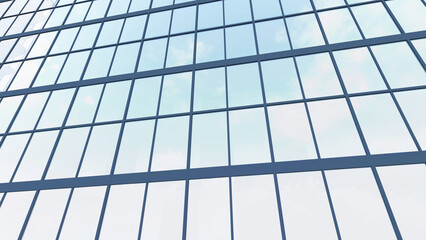 Fototapeta premium Skyscraper glass building close up. It's the photo of reflection of blue sky and clouds in windows of skyscraper. It is close up view of glass window wall of building in midday. Modern architecture 