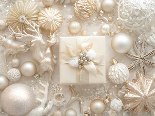 Top View of Glamorous New Year Scene &ndash; Artistic Flat Lay Featuring Gold, Sparkle, and Celebration Details, silver christmas balls on silver background