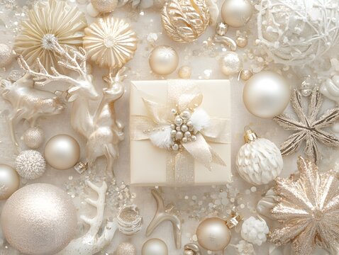 Top View of Glamorous New Year Scene &ndash; Artistic Flat Lay Featuring Gold, Sparkle, and Celebration Details, silver christmas balls on silver background