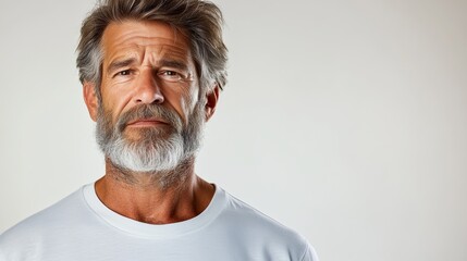 Obraz premium Man with a beard and gray hair is wearing a white shirt and looking at the camera. He is in a serious or contemplative mood