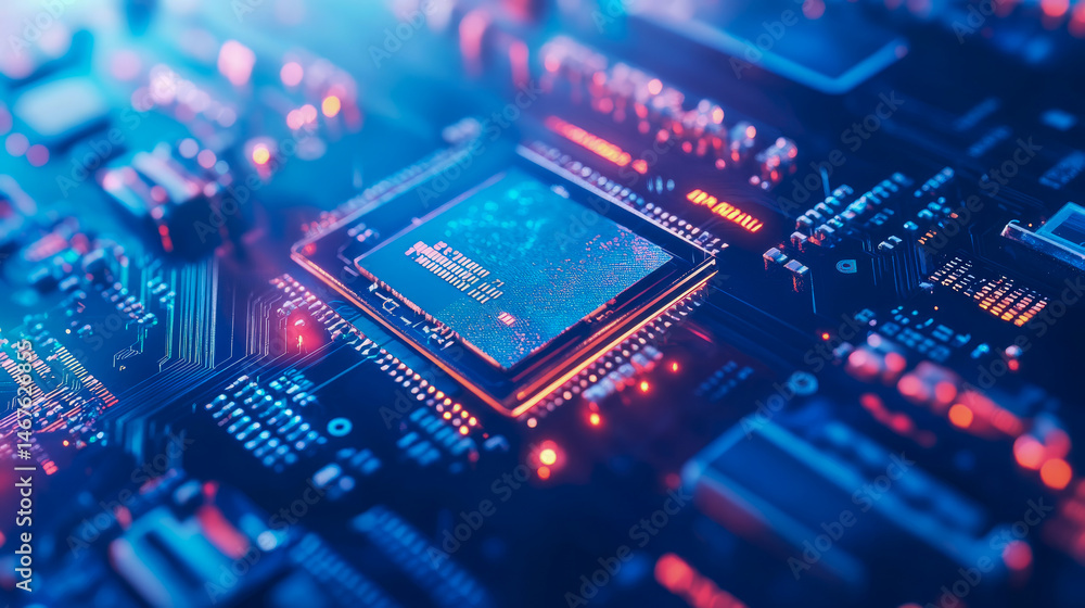 Poster macro of a glowing central processing unit (cpu) showcasing intricate circuitry