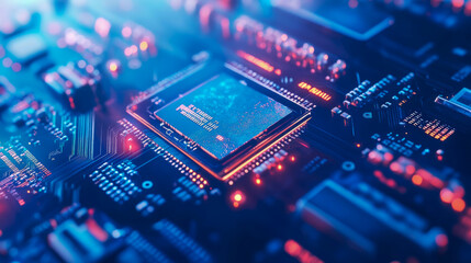Obraz premium Macro of a glowing central processing unit (CPU) showcasing intricate circuitry